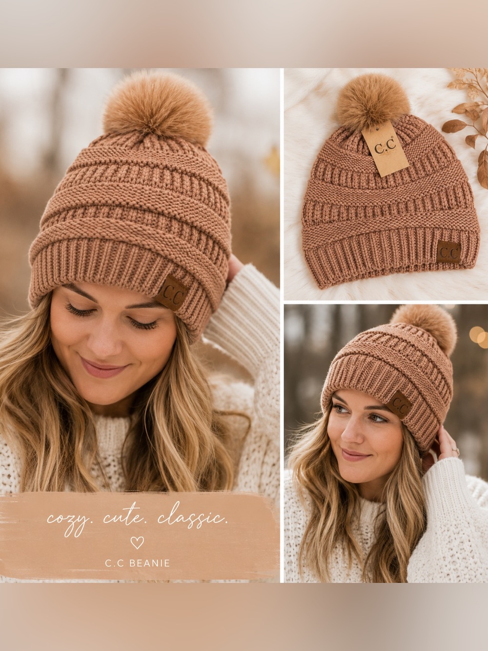 C.C Women's Tan Knit Pom-Pom Hat
